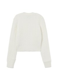 Witte gebreide cropped trui met kabelpatroon, lange mouwen, geribbelde zoom en ronde halslijn. Gelaagde stof met een zachte uitstraling.
