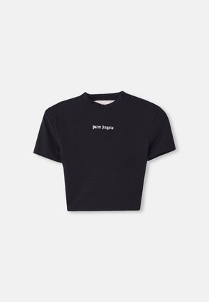 Schwarzes, kurzes T-Shirt aus Baumwolle mit rundem Halsausschnitt und kurzen Ärmeln. Vorne befindet sich kleiner, weißer Text mit der Aufschrift "Palm Angels".