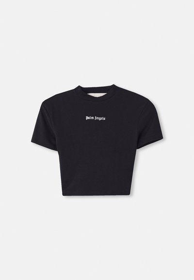 Fekete, rövidített pamut póló, kerek nyakkivágással és rövid ujjakkal. Az elején kis fehér szöveg olvasható: "Palm Angels".
