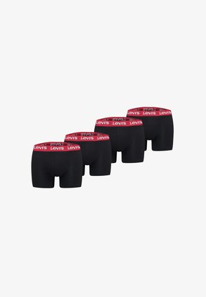 Vier Paar schwarze Boxershorts mit roten elastischen Bund mit weißen Levi's-Logos, dargestellt vor weißem Hintergrund.