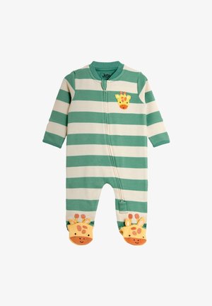 Grün-weiß gestreifter Baby-Strampler mit langen Ärmeln, einem Frontreißverschluss, Giraffengesicht-Stickerei auf der Brust und daran befestigten Hausschuhen mit Giraffengesicht.