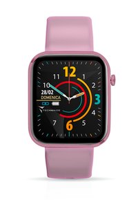 Orologio intelligente rosa con display quadrato nero, indicatori dell'ora colorati e elementi decorativi. Dotato di un cinturino in silicone e di un pulsante laterale.