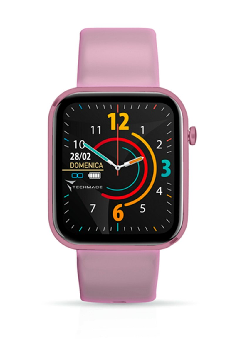 Orologio intelligente rosa con display quadrato nero, indicatori dell'ora colorati e elementi decorativi. Dotato di un cinturino in silicone e di un pulsante laterale.