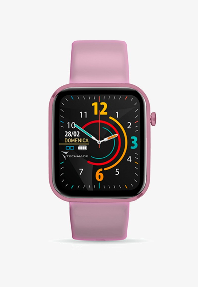 Orologio intelligente rosa con display quadrato nero, indicatori dell'ora colorati e elementi decorativi. Dotato di un cinturino in silicone e di un pulsante laterale.