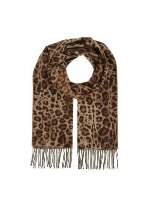 Bruine en beige sjaal met luipaardprint en franjes aan de uiteinden, opgevouwen in een lus, met een klein zwart merkje van het merk.