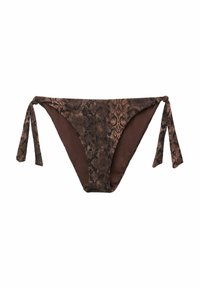 Bikini spodní díl s hadím vzorem, který má hnědo-černou kombinaci, nastavitelné šňůrky na bocích a hladkou texturu.
