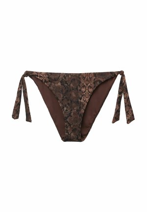 Snake-print bikini bottom featuring a brown and black pattern, adjustable tie side straps, and a smooth texture.