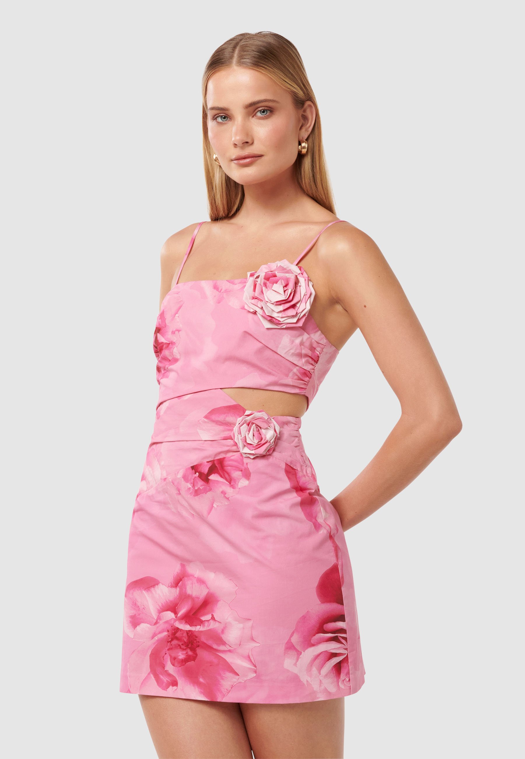 【etre loin】Rose embossed mini dress Elaina Pink Rosette Applique Mini Dress - Apricot - JW PEI UK