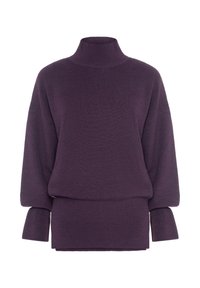 Maglione lavorato a maglia viola con collo alto a mock, vestibilità ampia e maniche larghe. Presenta una trama a coste e un orlo asimmetrico.