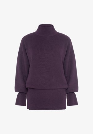 Maglione lavorato a maglia viola con collo alto a mock, vestibilità ampia e maniche larghe. Presenta una trama a coste e un orlo asimmetrico.