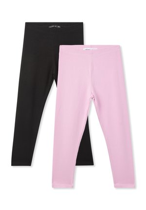 Due coppie di leggings: una nera e una rosa chiaro. Entrambe sono elastiche, aderenti, con una cintura elastica e una texture di tessuto liscia.