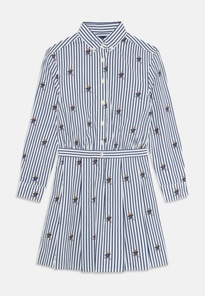 White and navy vertical striped long-sleeve dress with button-up front, collar, belt, and small teddy bear patterns throughout.