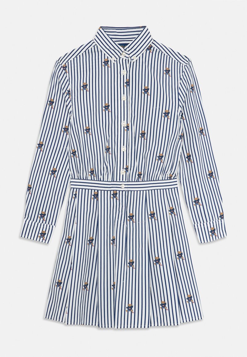 Valge ja tumesinine vertikaalsete triipudega pikkade varrukatega kleit nupuga esiosal, krae, vöö ja väikeste karu musteritega kogu kleidi ulatuses.