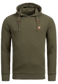 Sudadera verde oliva con un patrón texturizado de panal, cordones con puntas de metal y un pequeño logo circular en el pecho.