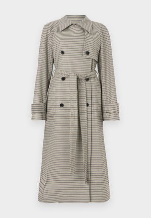 Trench-coat croisé à motif pied-de-poule, avec une taille ceinturée, des boutons, et un col classique. Couleur : beige et noir.