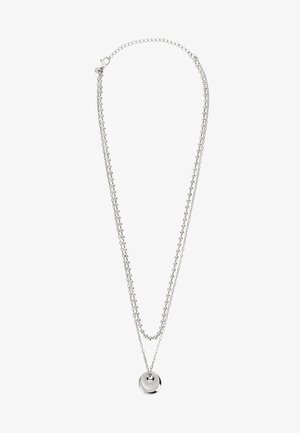 Srebrny naszyjnik z łańcuchem z dwiema warstwami; jedna zawiera okrągłe koraliki, a druga ma gładki okrągły wisiorek.