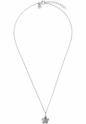 Srebrny naszyjnik z łańcuszkiem i małą zawieszką w kształcie kwiatu, z różowymi i jasno-niebieskimi kamieniami szlachetnymi na każdym płatku.