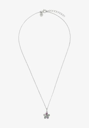 Srebrny naszyjnik z łańcuszkiem i małą zawieszką w kształcie kwiatu, z różowymi i jasno-niebieskimi kamieniami szlachetnymi na każdym płatku.
