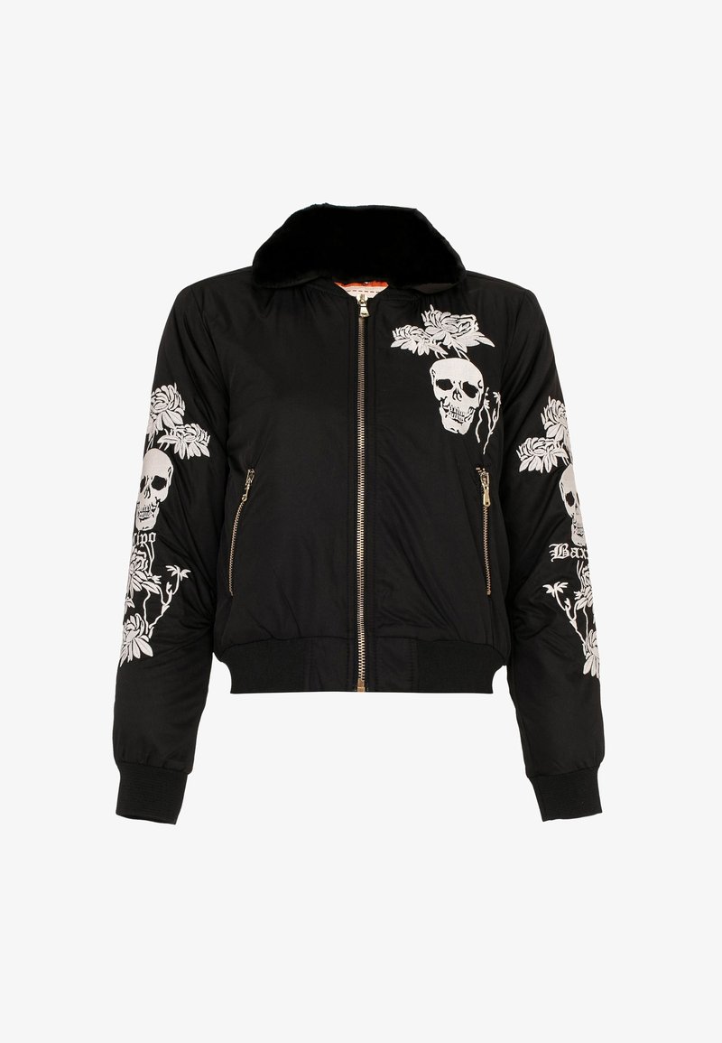 Veste bomber noire avec fermeture éclair à l'avant, poignets côtelés, et broderie blanche de crâne et de fleurs sur les manches et la poitrine.