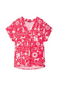 Blusa rossa a maniche corte con motivo geometrico e animale bianco, dotata di scollatura a V e vestibilità rilassata. Il tessuto appare liscio e leggero.