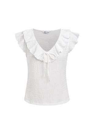 Blouse blanche texturée à manches courtes avec col en V à volants et détail noué au centre devant.