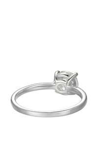 Silberring mit glattem Band, ausgestattet mit einem einzelnen klaren Edelstein in einer Krappenfassung. Minimalistisches Design, polierte Oberfläche.