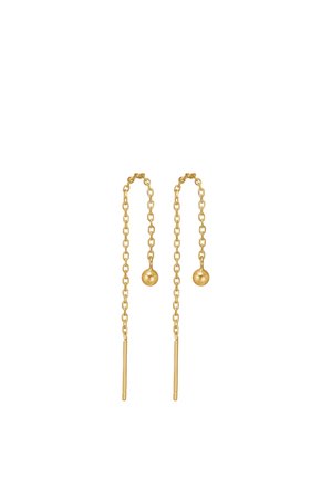 Paire de boucles d’oreilles fines à chaîne en or avec de petites perles rondes près du centre et extrémités droites en barre.