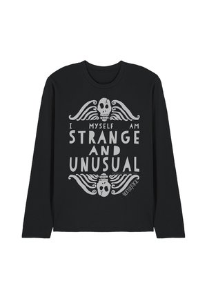 Black long-sleeve shirt with gray skulls and wings graphics, displaying the text "I myself am strange and unusual" and "Beetlejuice."