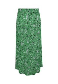 Jupe maxi florale verte avec une taille élastique froncée, ornée de motifs floraux blancs et noirs sur un tissu doux et fluide.