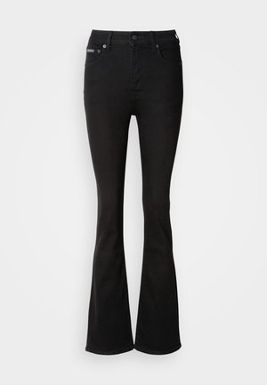 Zwarte flared jeans van denim, met een hoge taille, vijf-pocket ontwerp en subtiele stikdetails. Gladde textuur met een effen kleur.