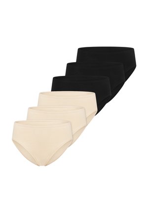 Fünf Paare nahtloser Damen-Slips, vorne drei beige und hinten zwei schwarze, in einer versetzten Reihe auf weißem Hintergrund angeordnet.