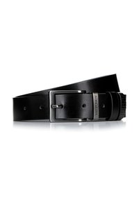Cinturón de cuero negro con hebilla rectangular de plata y un bucle de metal grabado con la inscripción "WITTCHEN", mostrado sobre un fondo blanco.
