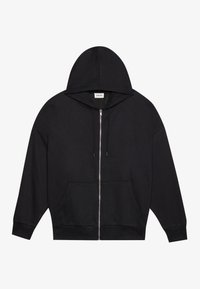 Svart zip-up hettegenser med foret hette, frontlommer og ribbestrikkede mansjetter. Laget av teksturert stoff med en glatt overflate.