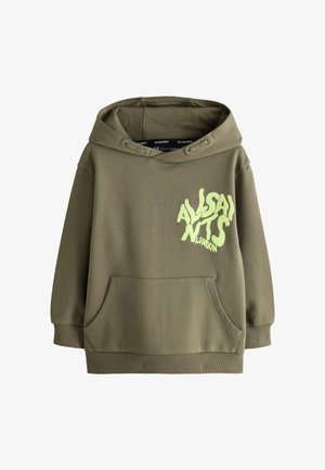 Oliwkowa bluza z kapturem, przednią kieszenią i żółtym abstrakcyjnym napisem "ALLSAINTS LONDON" na piersi.
