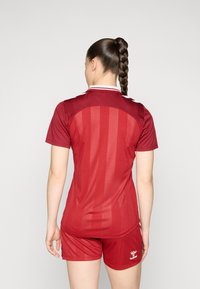 Červený sportovní dres s vertikálními pruhy, krátkými rukávy a bílým límečkem. Kombinován s červenými šortkami s bílým logem. Hladká textura.