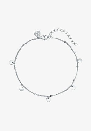 Silver chain bracelet featuring small round discs and a clasp. A decorative charm is attached at one end, with a link chain for adjustability.