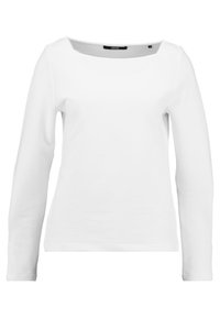 Bílý dlouhý rukáv s širokým lodičkovým výstřihem, vyrobený z hladké tkaniny. Minimalistický design bez vzorů nebo ozdob.