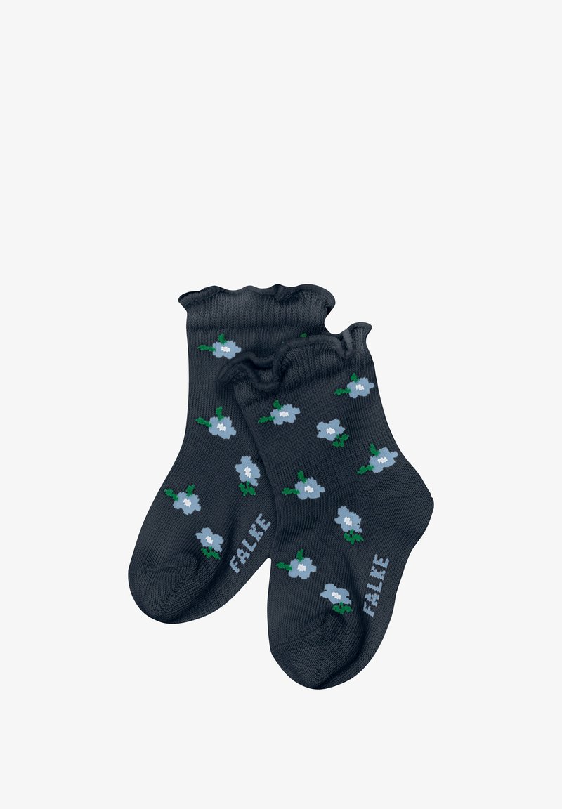 Schwarze Knöchelsocken mit einem wellenförmigen Saum, verziert mit einem floralen Muster aus hellblauen Blumen und grünen Blättern, sowie dem Text "FALLIE" in Weiß.