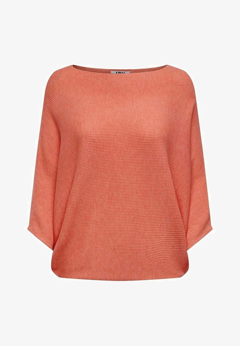 Haut ample en tricot côtelé corail avec un large col bateau et des manches chauve-souris arrivant au coude.