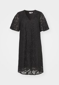 Μαύρο φορεμα με δαντέλα, κοντά μανίκια, V-λαιμόκοψη, περίπλοκο λουλουδάτο σχέδιο, επενδυμένο εσωτερικό και με κορδονάκι στο στρίφωμα.