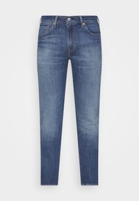 Tmavě modré denimové džíny, slim fit, design s pěti kapsami, zapínání na zip, s kontrastním šitím a mírným vytaháním po celém povrchu.