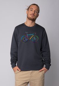 Donkergrijze sweatshirt met een kleurrafiek van een fiets met meerkleurige wielen en frame. Gemaakt van zachte, gestructureerde stof.