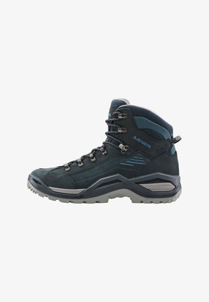 Dunkelblaue Wanderschuhe mit Obermaterial aus Wildleder und Netzgewebe, Metallhaken für die Schnürsenkel, Gummiaußensohle mit Traktionsmustern und verstärktem Fersenbereich.