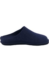 Pantofole in feltro blu scuro con punta arrotondata e retro aperto. Tessuto testurizzato dall'aspetto morbido, con suola in gomma nera.