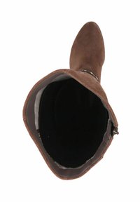 Brown suede ankle boot with a pointed toe and a soft texture. Inside view showing dark lining and a smooth insole. Zipper detail on side.