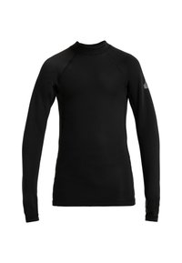 Camiseta atlética negra de manga larga, hecha de un material elástico, con cuello alto y mangas raglán. Presenta un logo sutil en el hombro.