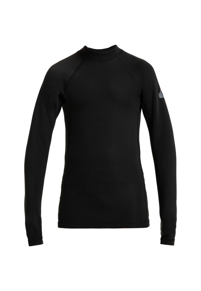 Camiseta atlética negra de manga larga, hecha de un material elástico, con cuello alto y mangas raglán. Presenta un logo sutil en el hombro.
