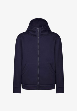 Felpa con cappuccio navy con zip, colletto alto, due tasche frontali e polsini a costine. Realizzata in materiale morbido, con una texture liscia e uniforme.