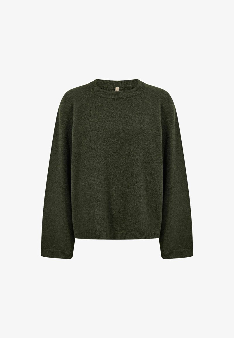 Pull en maille vert foncé à manches longues et col rond sur fond blanc.