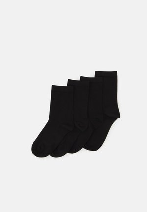 Black cotton socks arranged in a set of four. Each sock features a ribbed cuff and a smooth texture. Standard ankle length.
